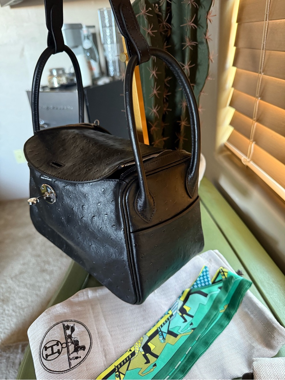 Leather Embossed Ostrich Lindy H Bag Purse